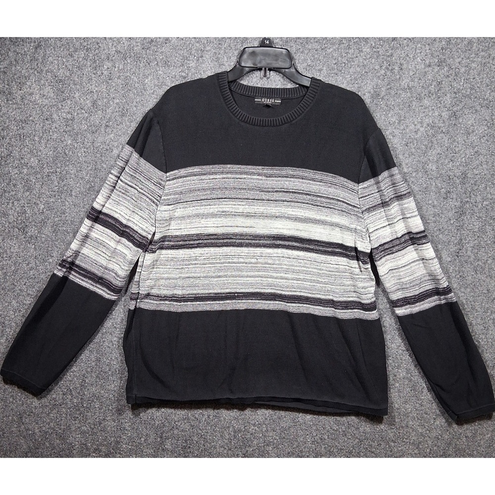 Guess Mens XLarge Pullover‎ Sweater Black Gray and White Crewneck Stripe Knit